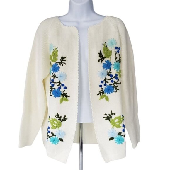 Vtg 60s 70s Sears LG Crewel Embroidered Floral Ivory White Open Front  Cardigan - Picture 3 of 12